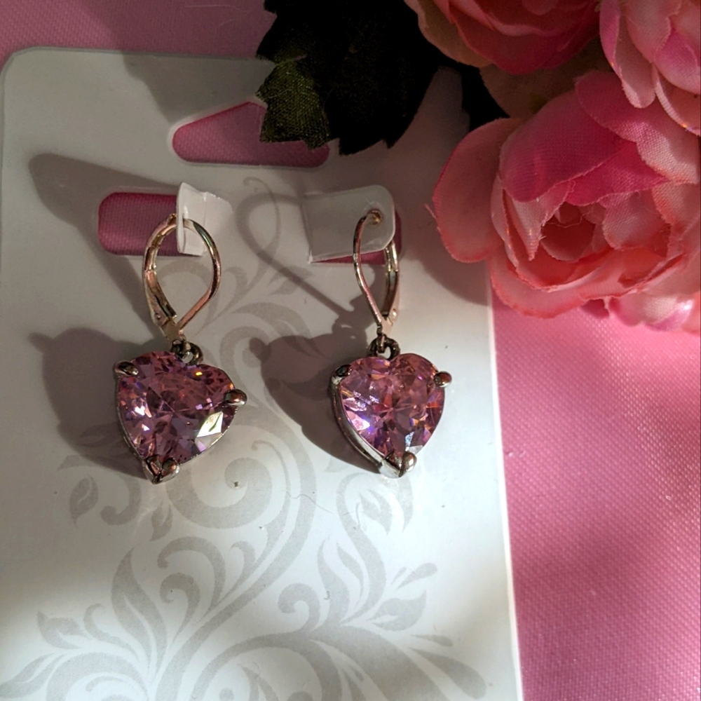 Large Pink Heart Shaped Stone Cut Earrings